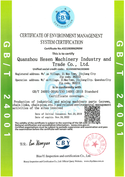 Çin Quanzhou Hesen Machinery Industry Co., Ltd. Sertifikalar