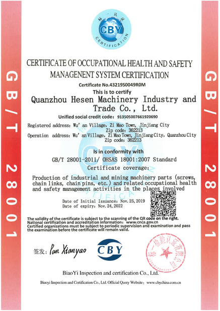 Çin Quanzhou Hesen Machinery Industry Co., Ltd. Sertifikalar